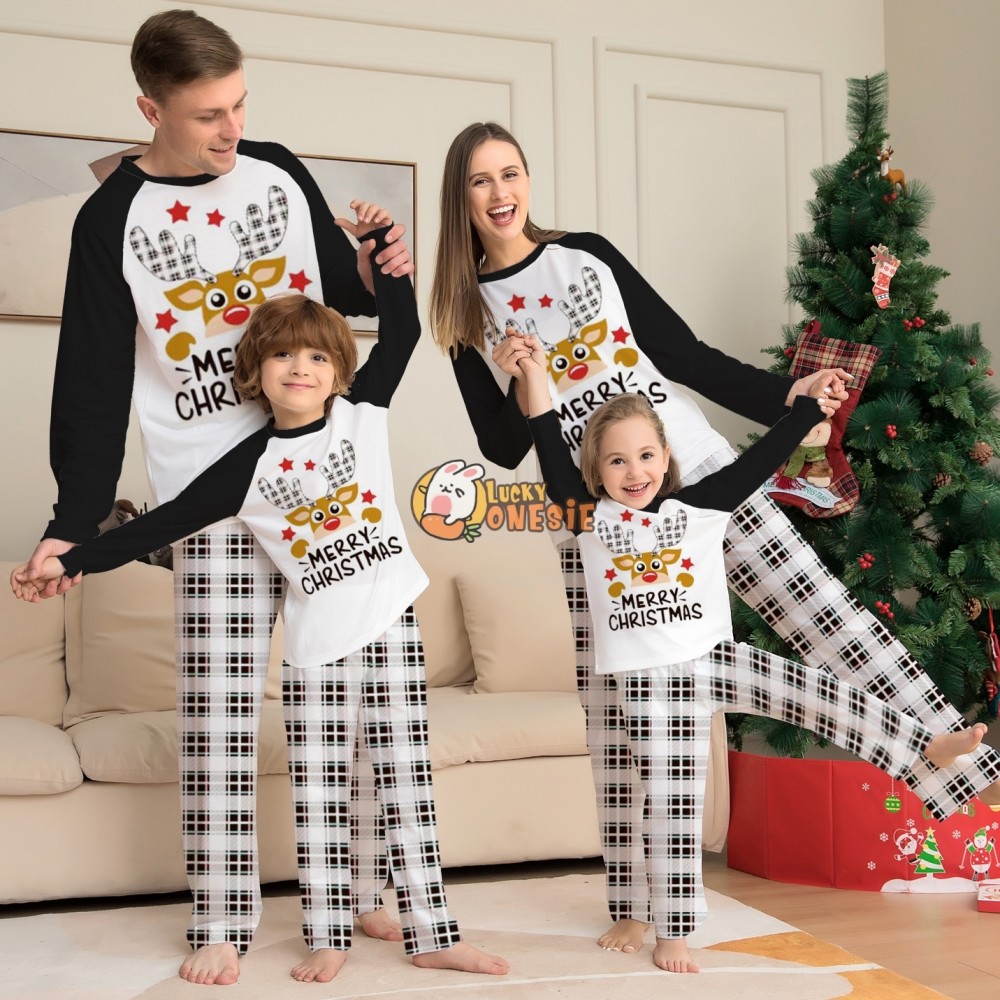 Cute Reindder Christmas Pajamas Matching Family Couples Holiday Pjs Sets Black & White Plaid Pants Sleepwear