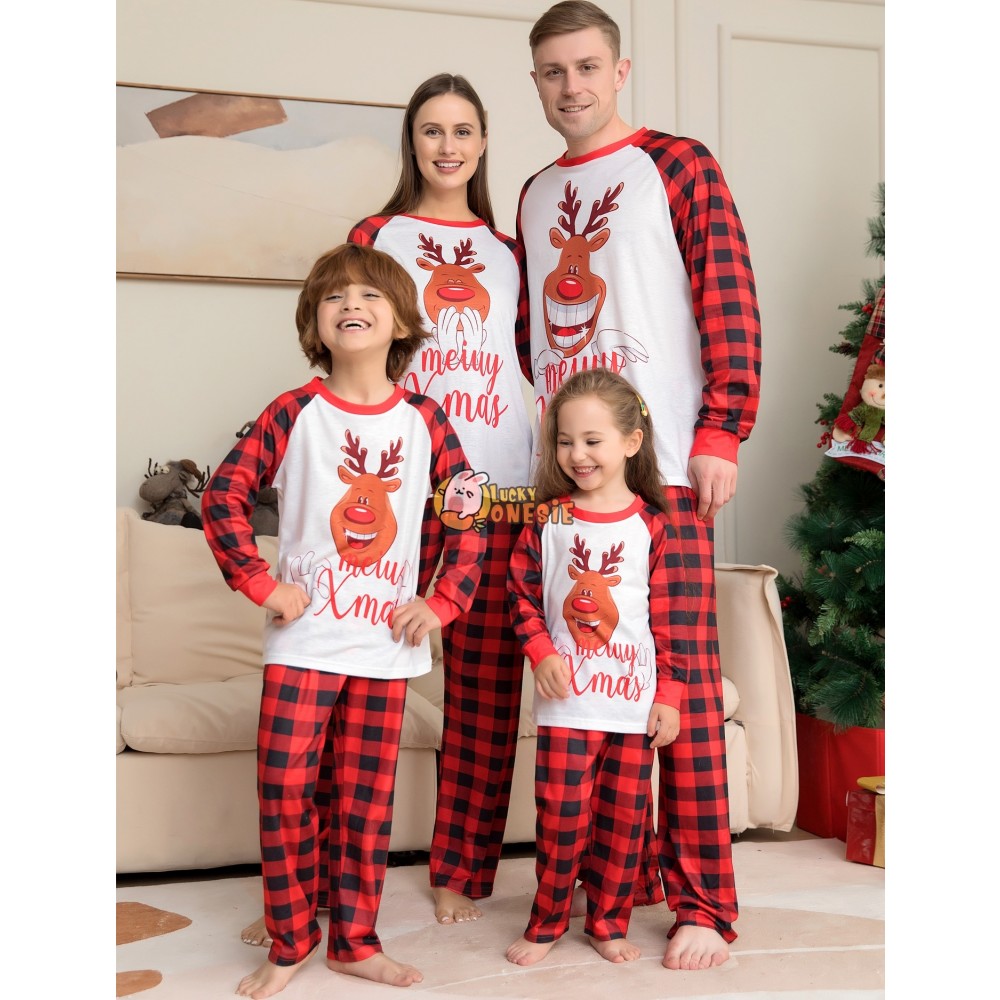 Cute Reindeer Christmas Pajamas Matching Family Couples Holiday Pjs Sets Red Plaid Sleepwear