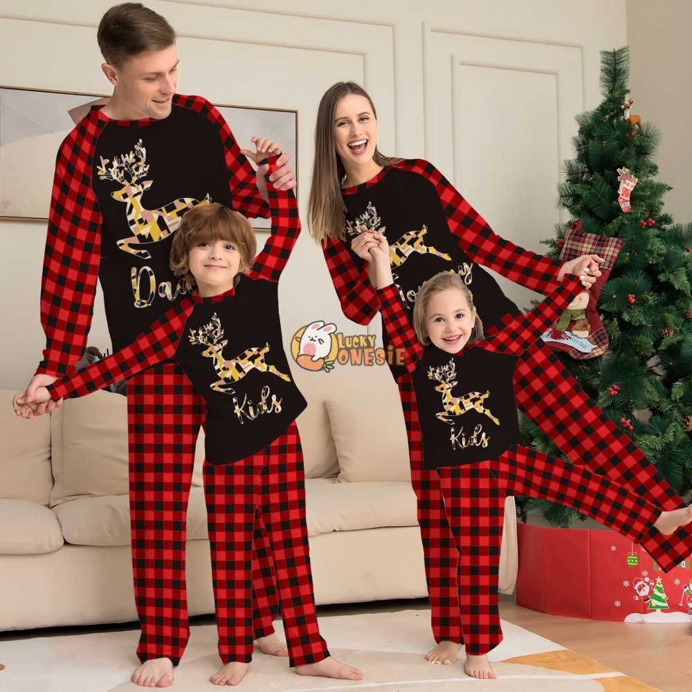 Reindeer Christmas Pajamas Matching Family Couples Holiday Pjs Sets Red Plaid Sleepwear