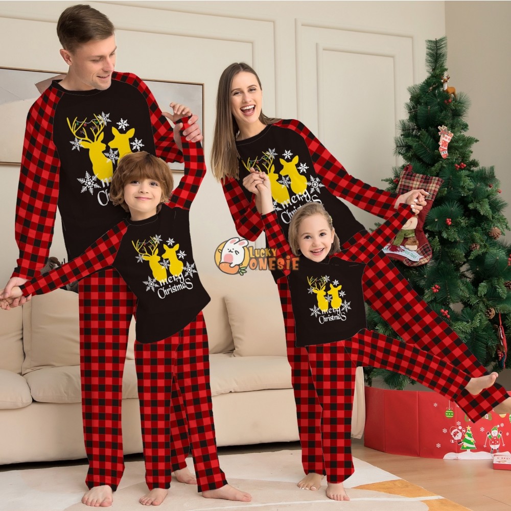 Red & Black Christmas Pajamas Matching Family Couples Reindeer Holiday Pjs Sets Sleepwear