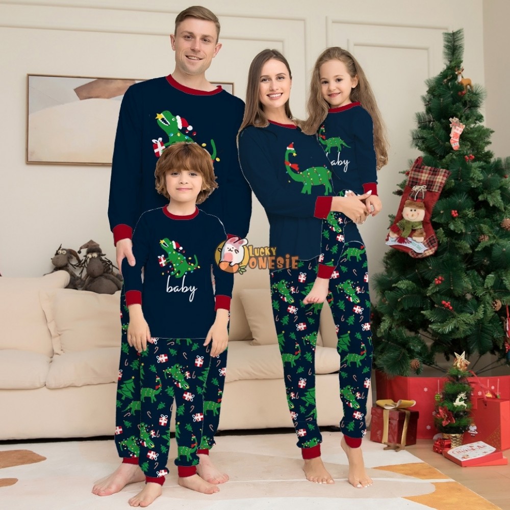 Navy Christmas Pajamas Matching Family Couples Dinosaur Print Holiday Pjs Sets Sleepwear