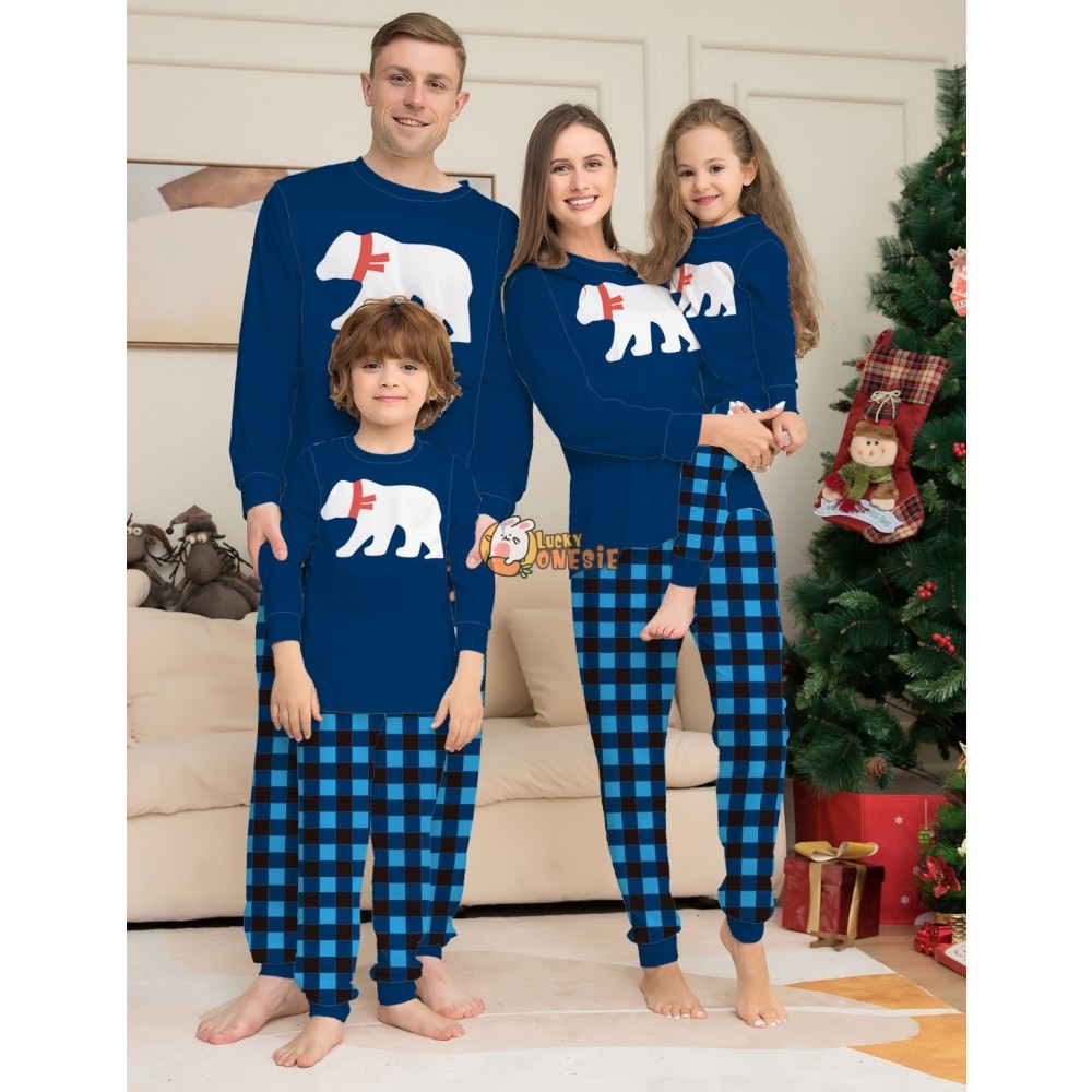 Blue Christmas Pajamas Matching Family Couples Cute Polar Bear Holiday Pjs Sets Sleepwear
